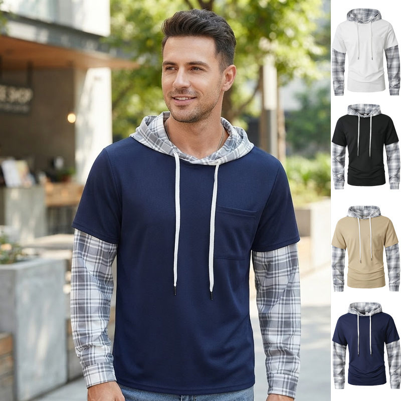 Fashionable Pullover Men's Hoodie Patchwork Fake Two-Piece Casual Top photo 3