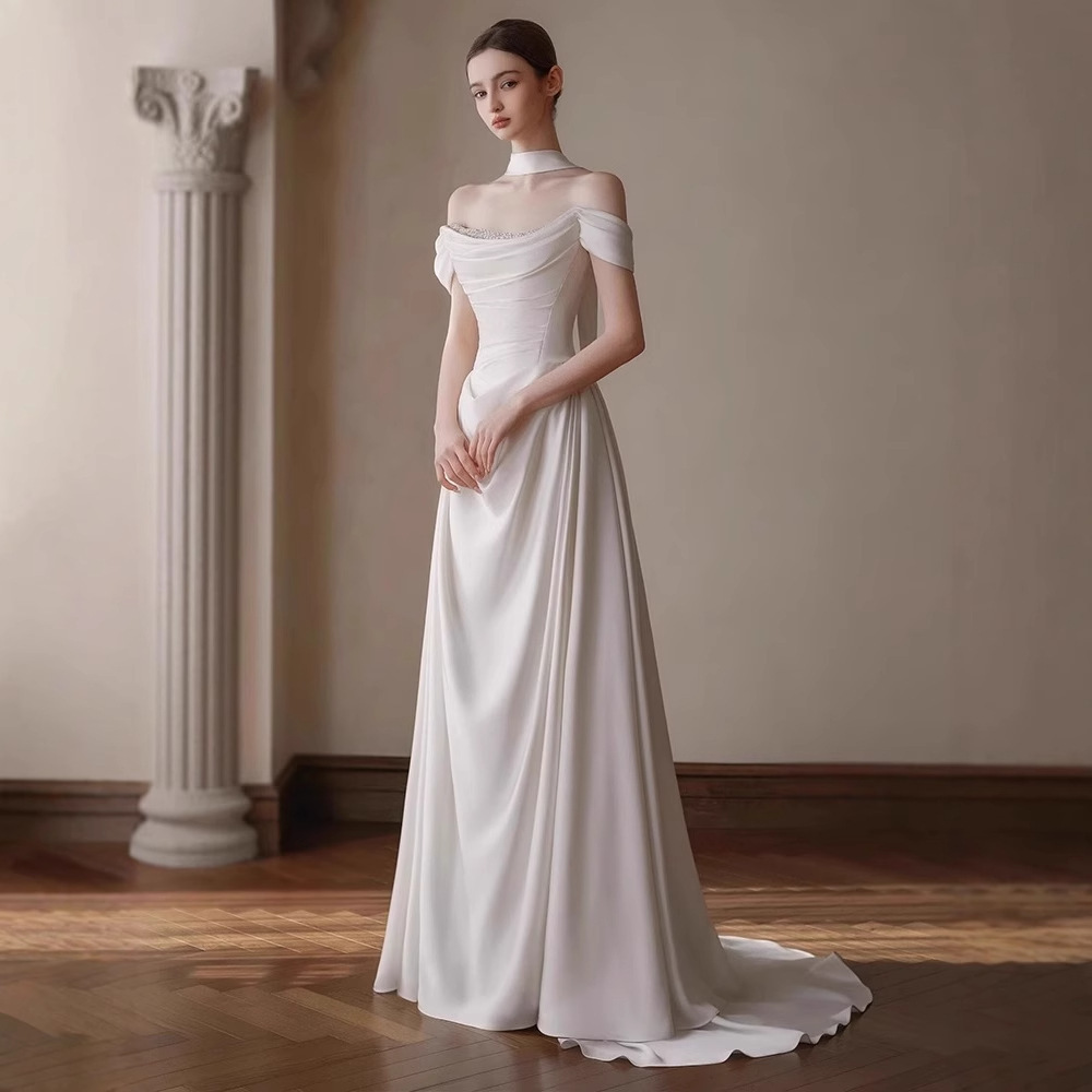 Off-the-shoulder Pleated Waist-cinching French Satin Light Wedding Dress photo 3