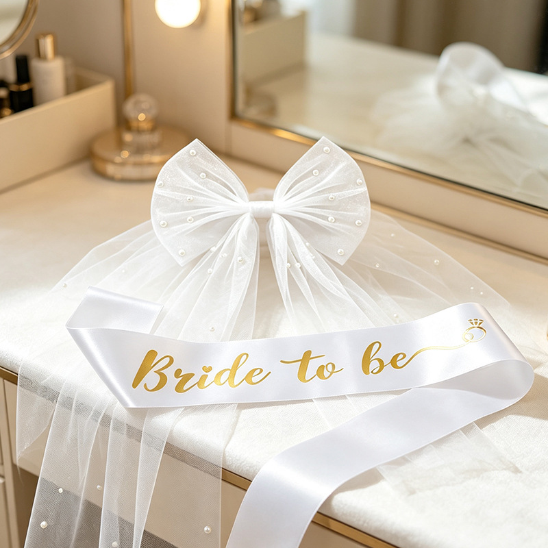 Bridal Veil With Pearl Bow Hair Clip And Gold-stamped Sash Set For Bachelorette Parties photo 1