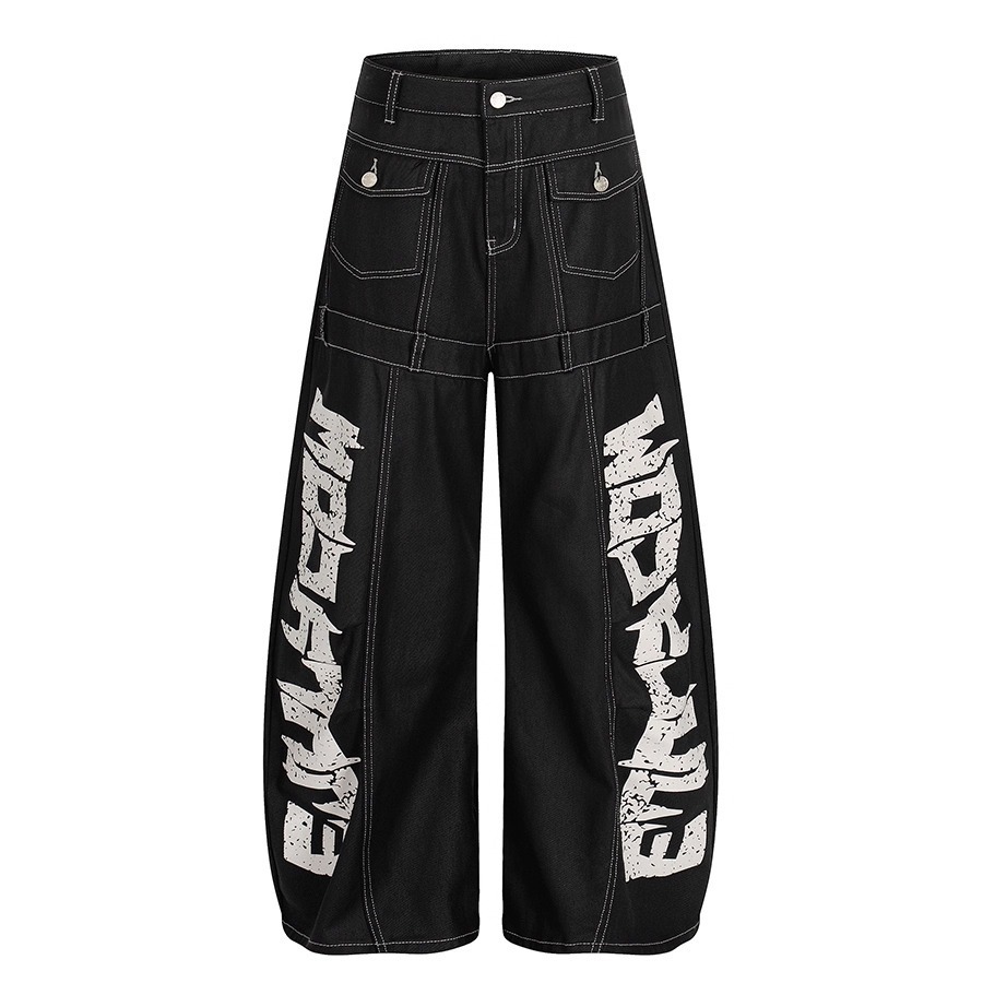 Black American-style Wide-leg Pants With A Large Letter Print Relaxed Fit photo 2