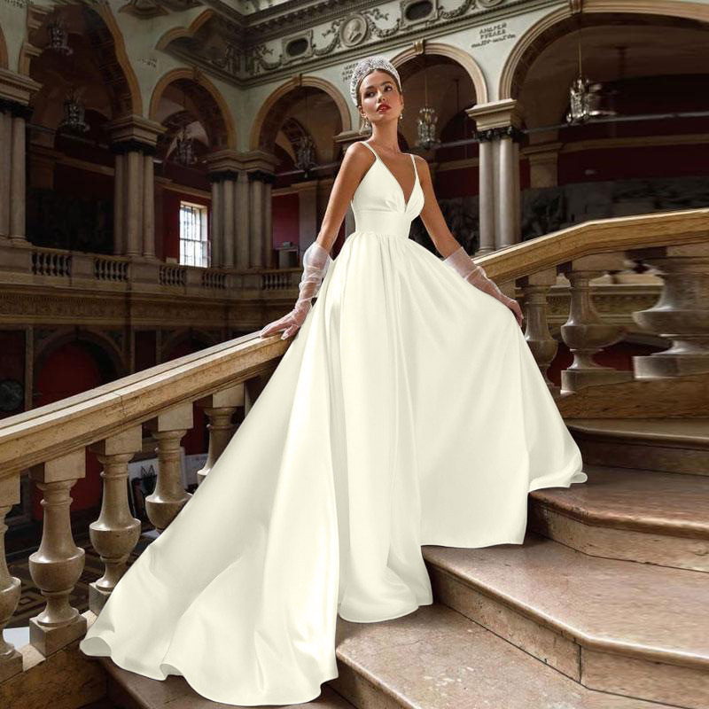 European And American-style Deep V-neck Strap Satin Light Wedding Dress photo 5