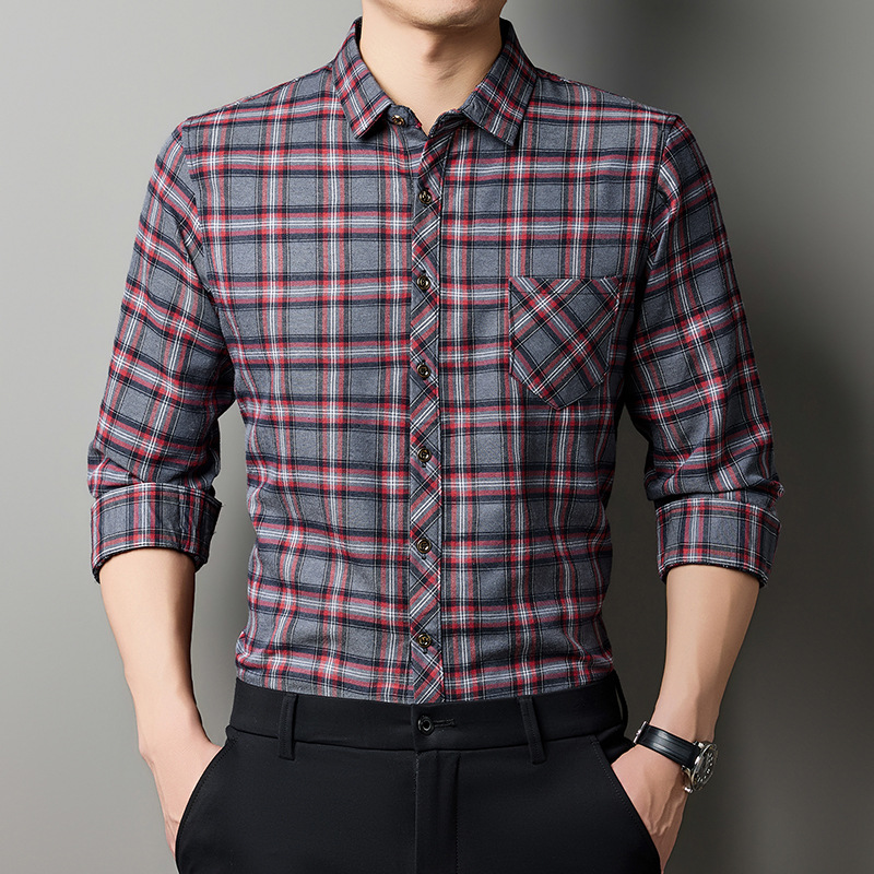 Breathable Fashionable Plaid Long-sleeve Printed Shirt For Middle-aged Men photo 7