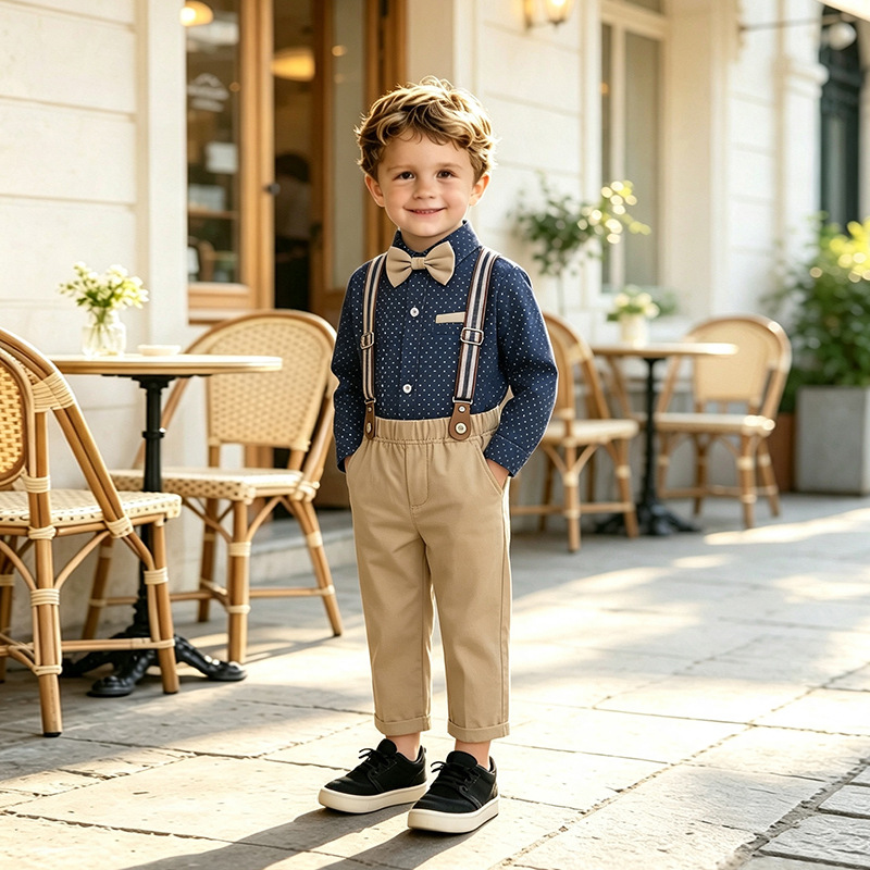 Long-sleeve Bow Tie Overalls Chic Boys Outfit photo 4