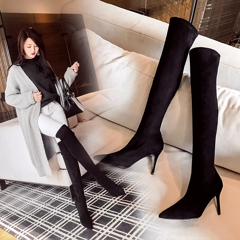 Black Suede Slimming Pointed-toe Stiletto High-heeled Womens Boots photo 3