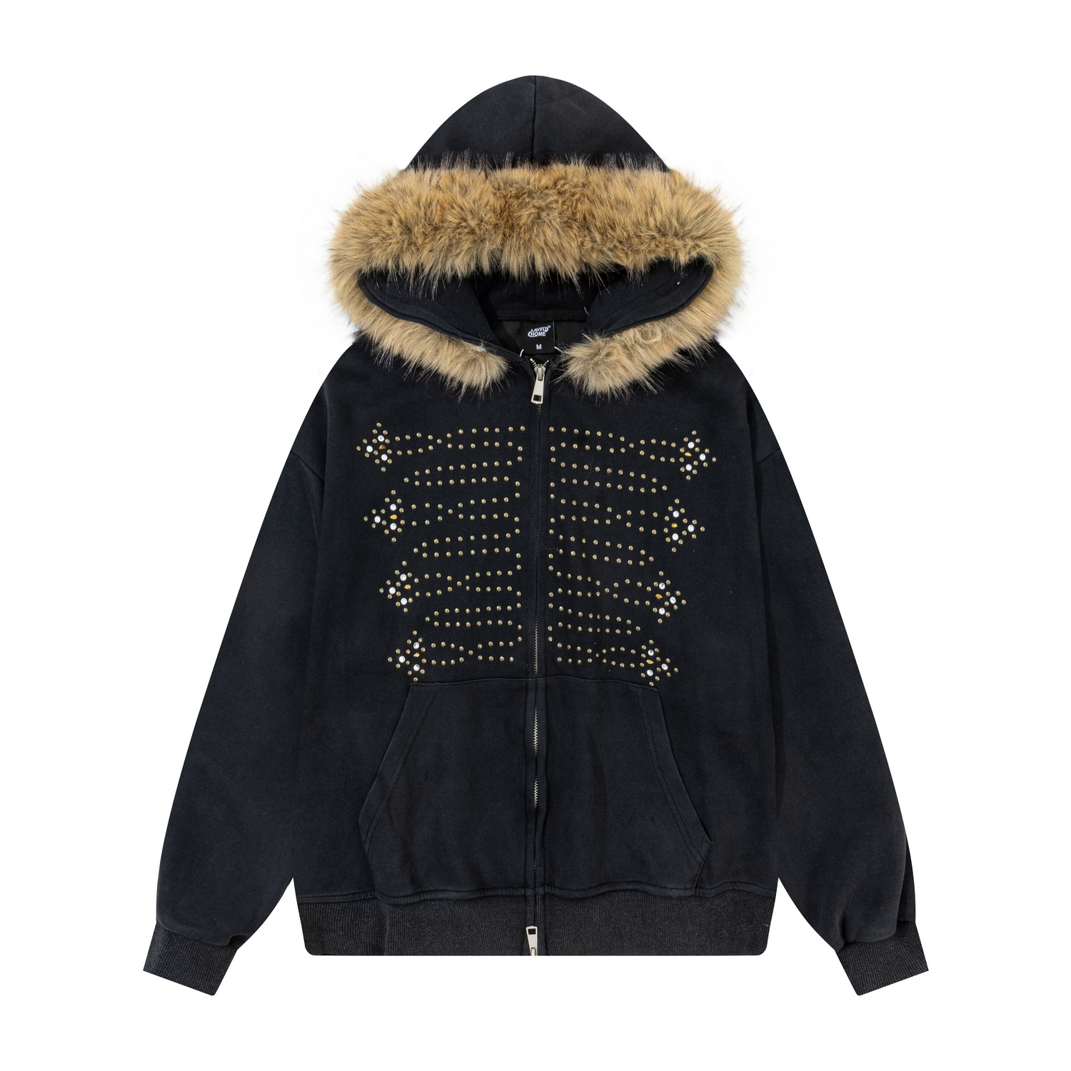 Detachable Fur Collar Rhinestone Detailing Washed Finish Zip-up Hoodie photo 3