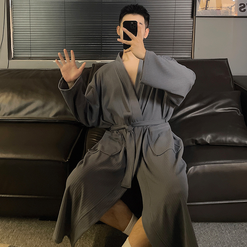 Mens Autumn Winter Solid-Color Belted Cardigan Robe photo 1