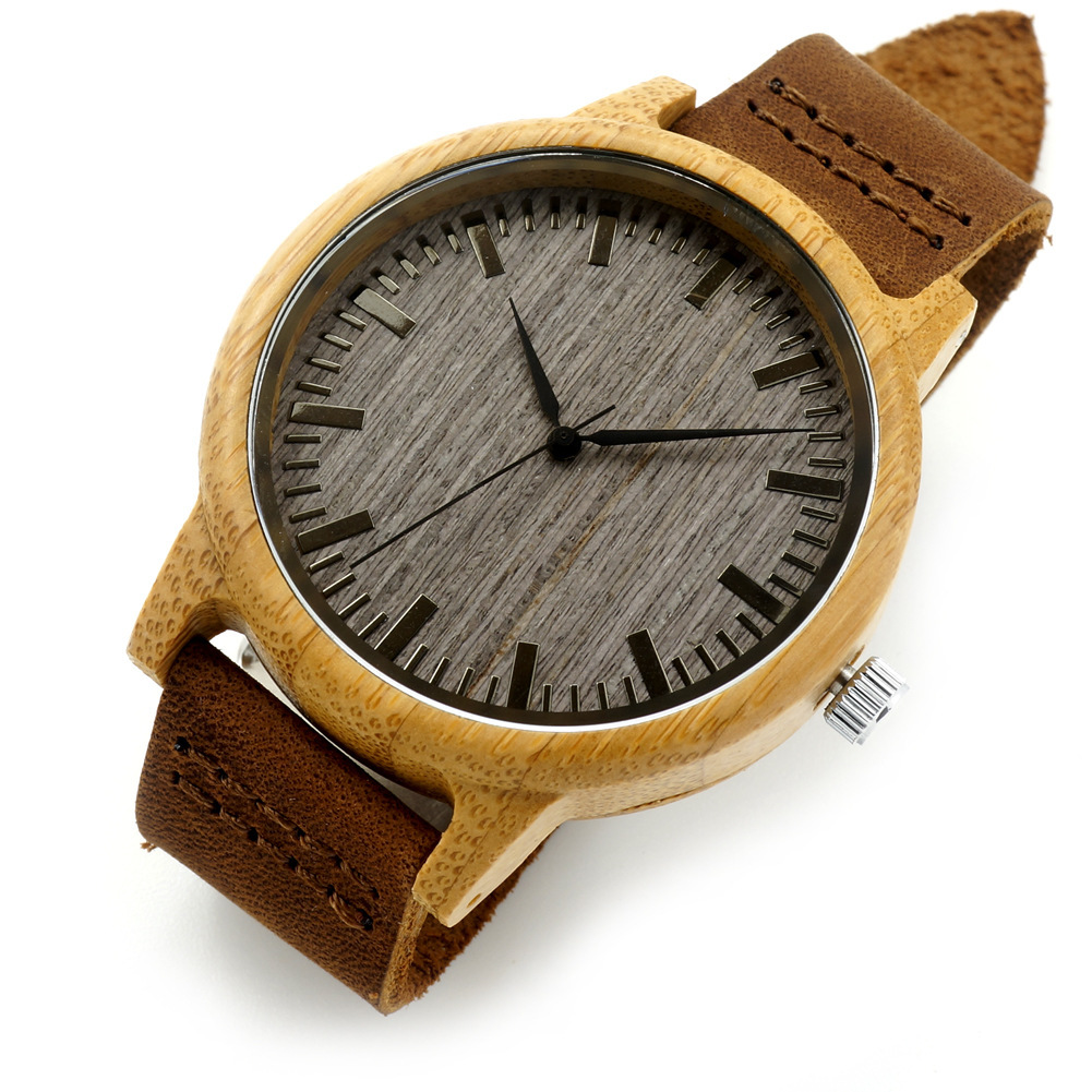 Single-bamboo Wooden-layer Cowhide Mens Wooden Watch photo 4