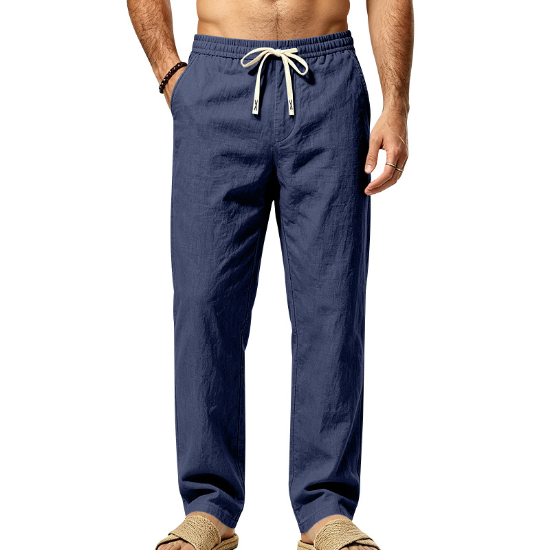 Mens Straight Leg Solid Color Casual Linen Pants With Drawstring And Elastic Waist photo 5