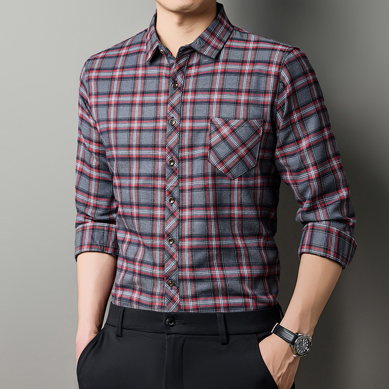 Breathable Fashionable Plaid Long-sleeve Printed Shirt For Middle-aged Men photo 6