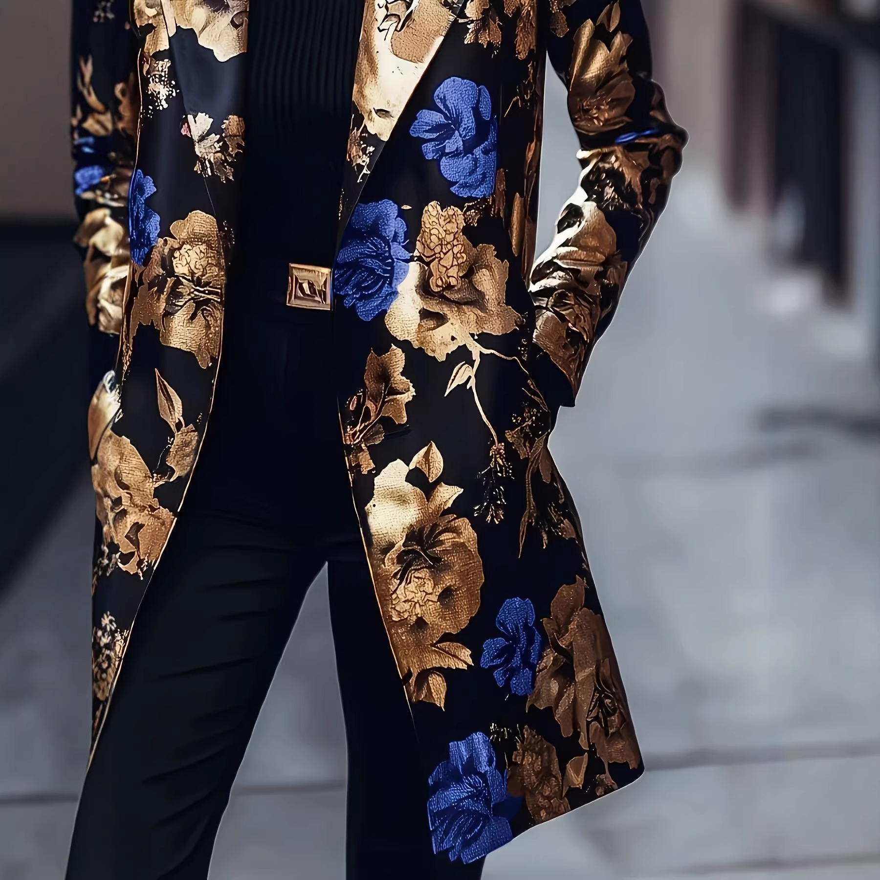 High-end Jacquard Design With A Black-and-gold Base And Blue Floral Pattern photo 2