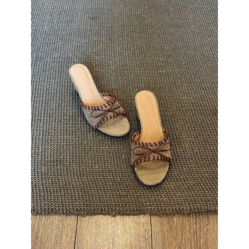 Retro Bow-knot High-heeled Woven Slide Sandals photo 8