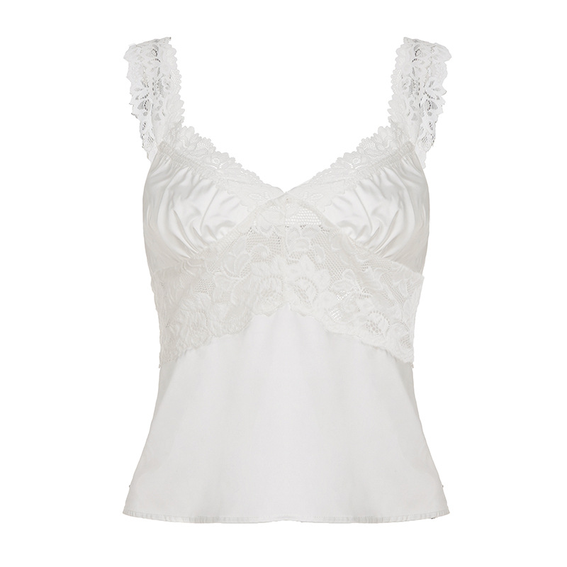 Satin Hollow-out Lace-trimmed V-neck Solid-color Camisole Top photo 4