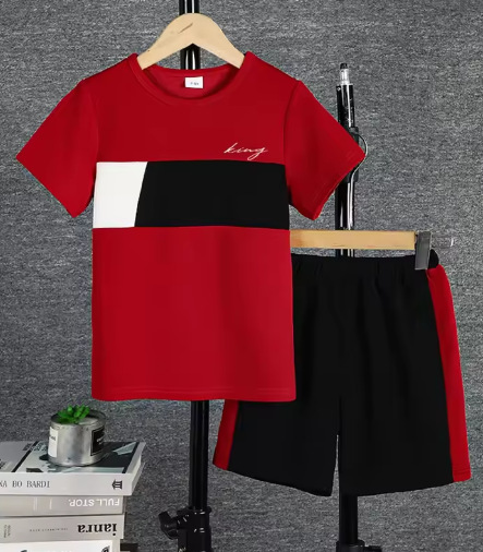 Mens Casual Color-block Short-sleeve T-shirt And Shorts Set photo 7