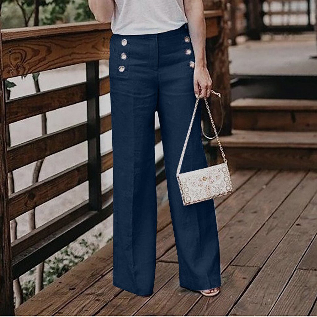 Women's High-Waisted Casual Cotton-Linen Wide-Leg Pants With Buttons photo 5