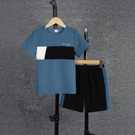 Mens Casual Color-block Short-sleeve T-shirt And Shorts Set photo 3