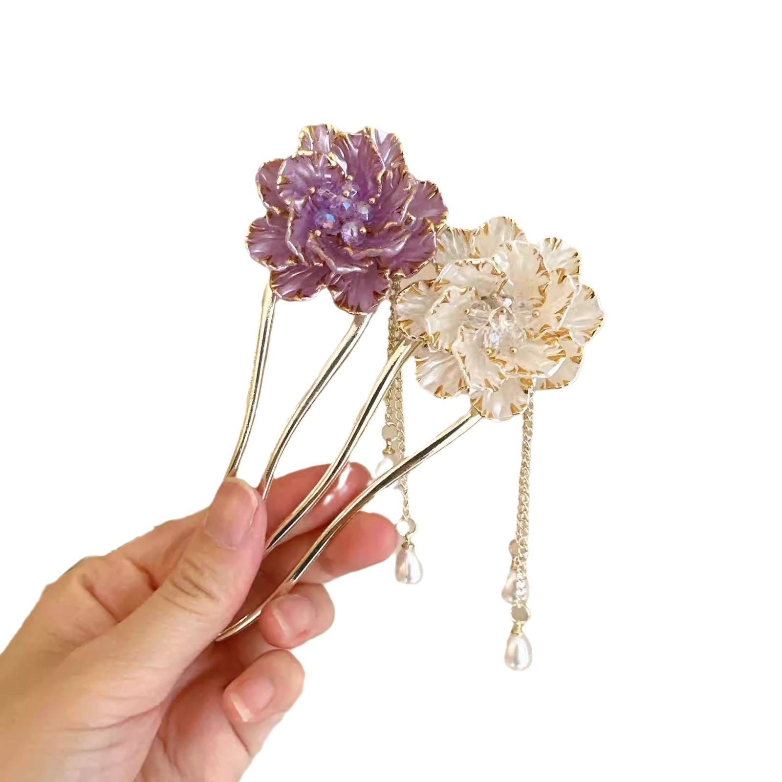 Female Retro Exquisite Peony Flower Tassel U-shaped Hairpin photo 2