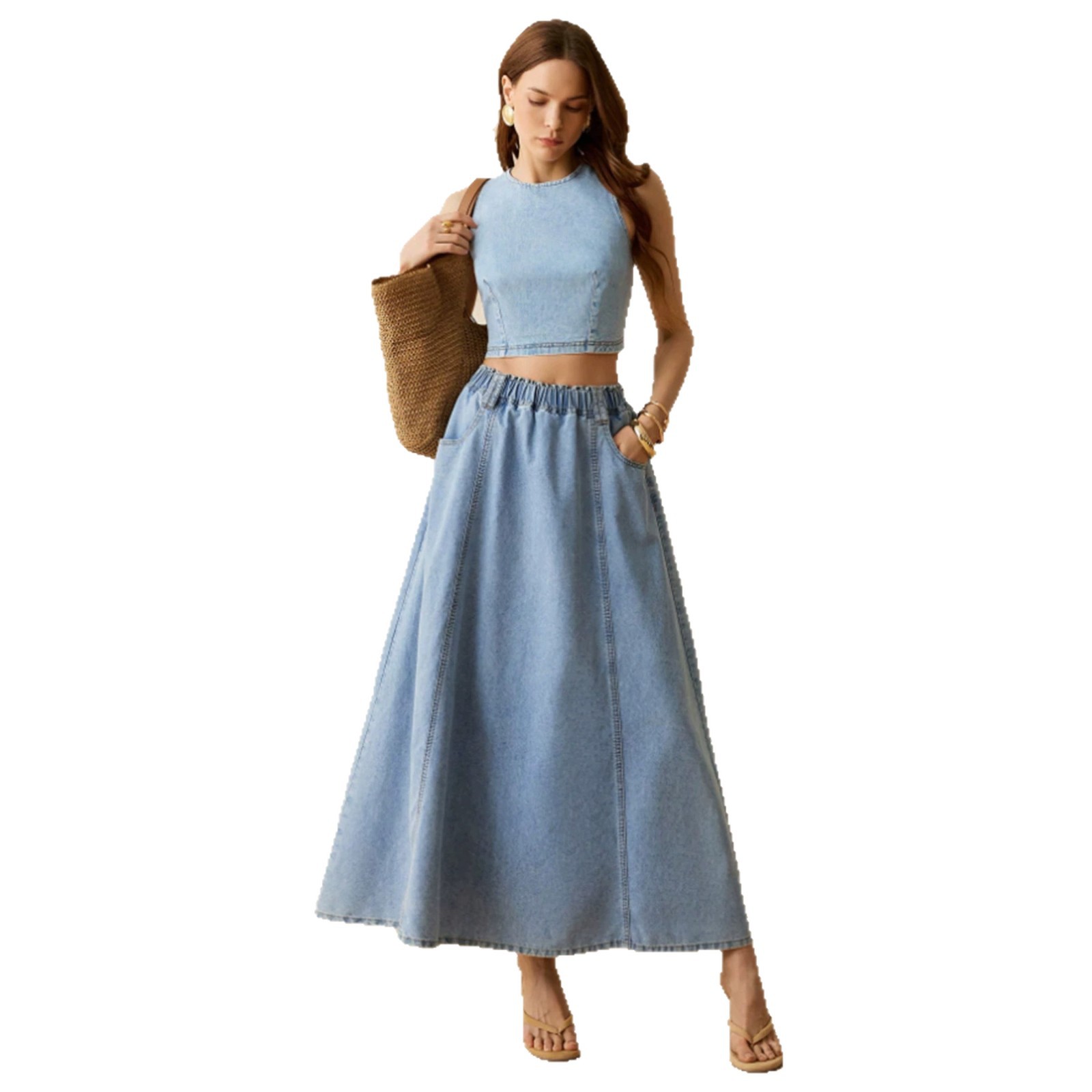 Womens Washed Loose Casual Denim Skirt With Elastic Waist And Flared Hem photo 3