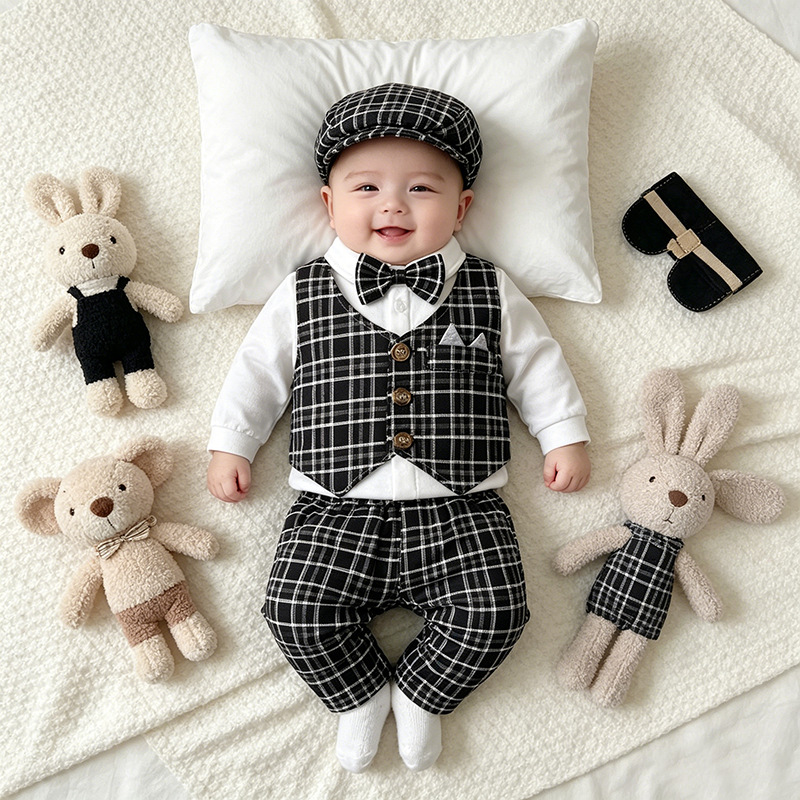 Childrens Fashion Plaid Vest And Trousers Three-Piece Set photo 2