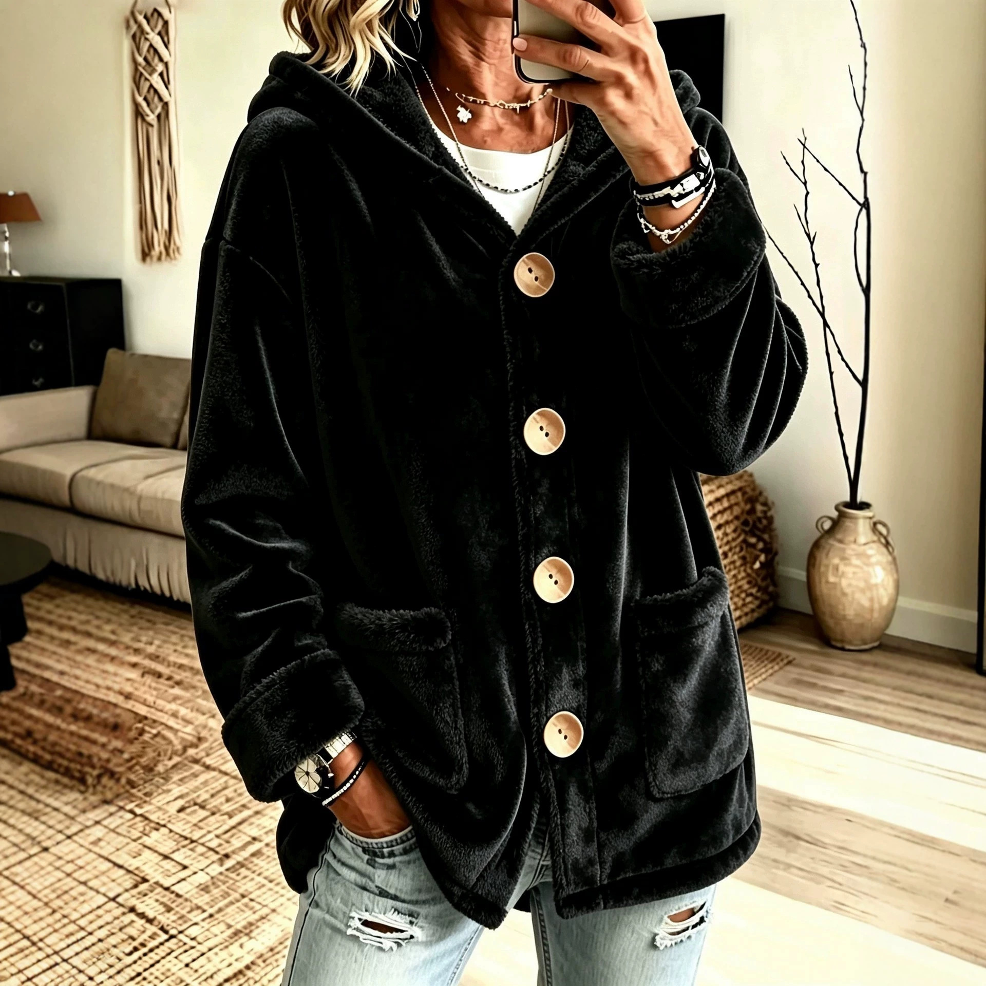 Hooded Velvet Outerwear Loose-fitting Cardigan Top photo 6
