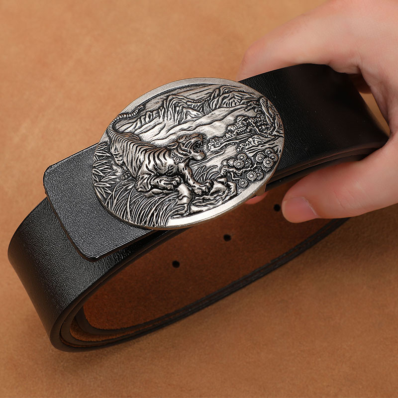 Vintage Men's Genuine Leather Extra-Large Smooth-Button Denim Jeans Belt photo 2