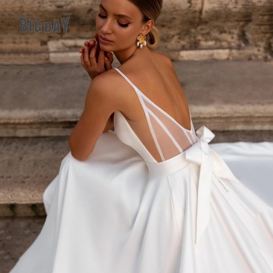 Simple Deep-V Strap Satin Wedding Dress photo 2