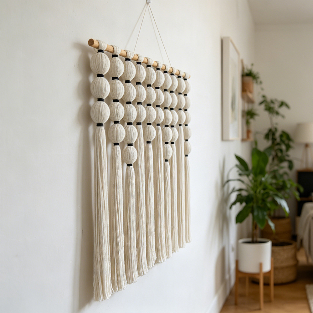 Handmade Bohemian Macrame Wall Hanging With Round Ball Tassels - Woven Tapestry Decor For Home Hotel Background photo 7