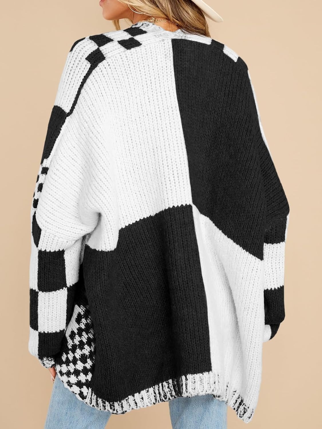 High-end Large-check Color-block Knit Cardigan photo 7