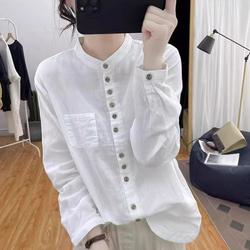 Cultural And Vintage-style Top With A Stand-up Collar And Single-breasted Design photo 3