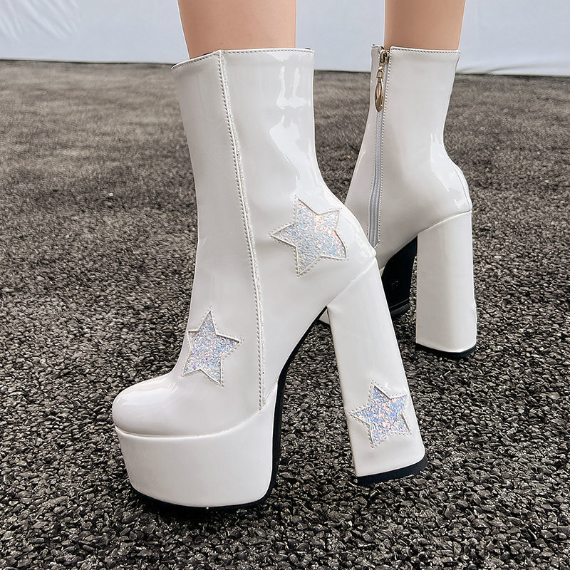 Chunky-heeled Short Booties With Thick Soles And Heart-shaped Sequins photo 4