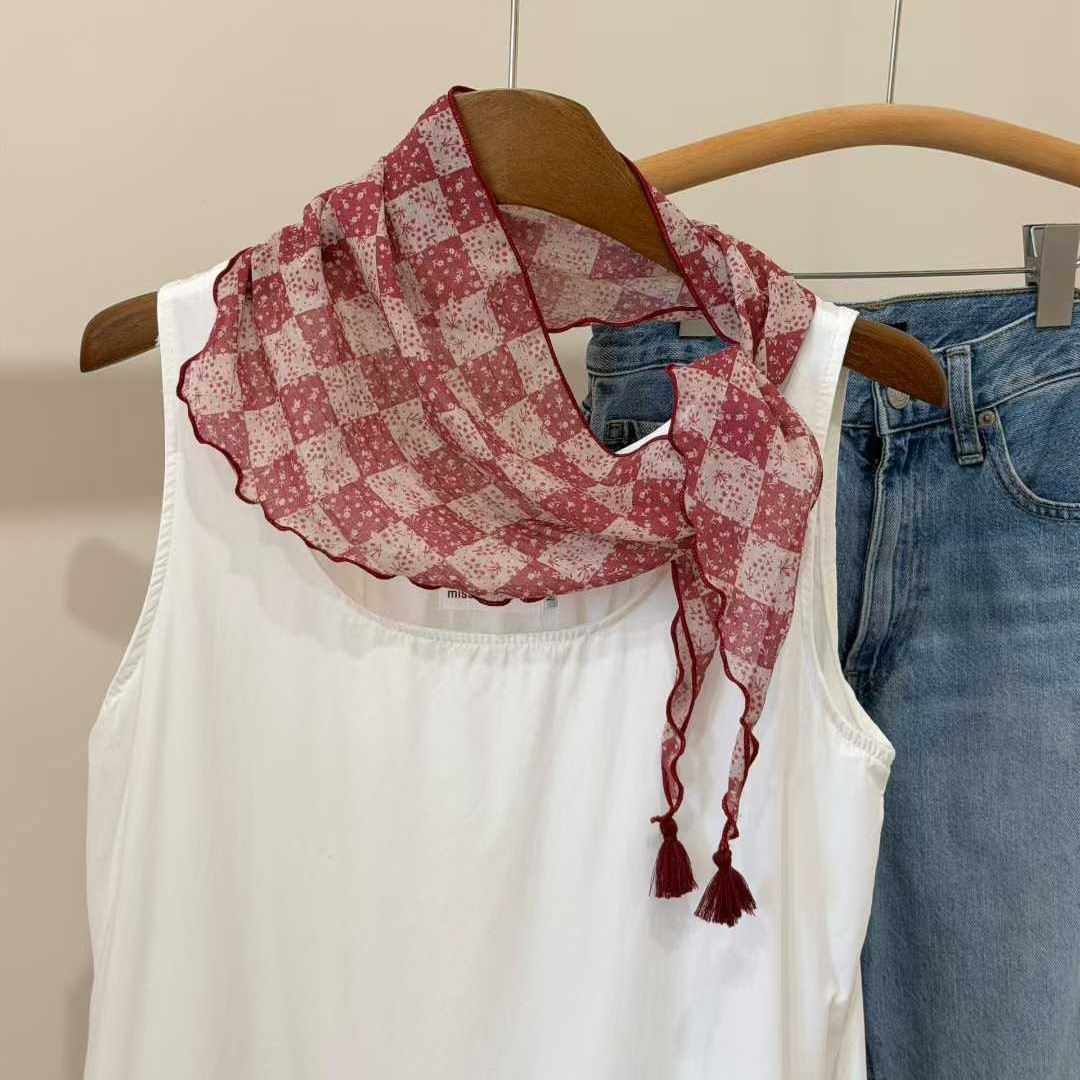 Lightweight Floral Plaid Tassel Triangle Scarf photo 1