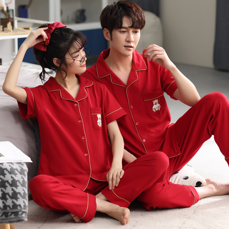 Couple Pajamas Men's Cotton Red Animal Year Trousers Short Sleeve Home Clothes Set photo 5