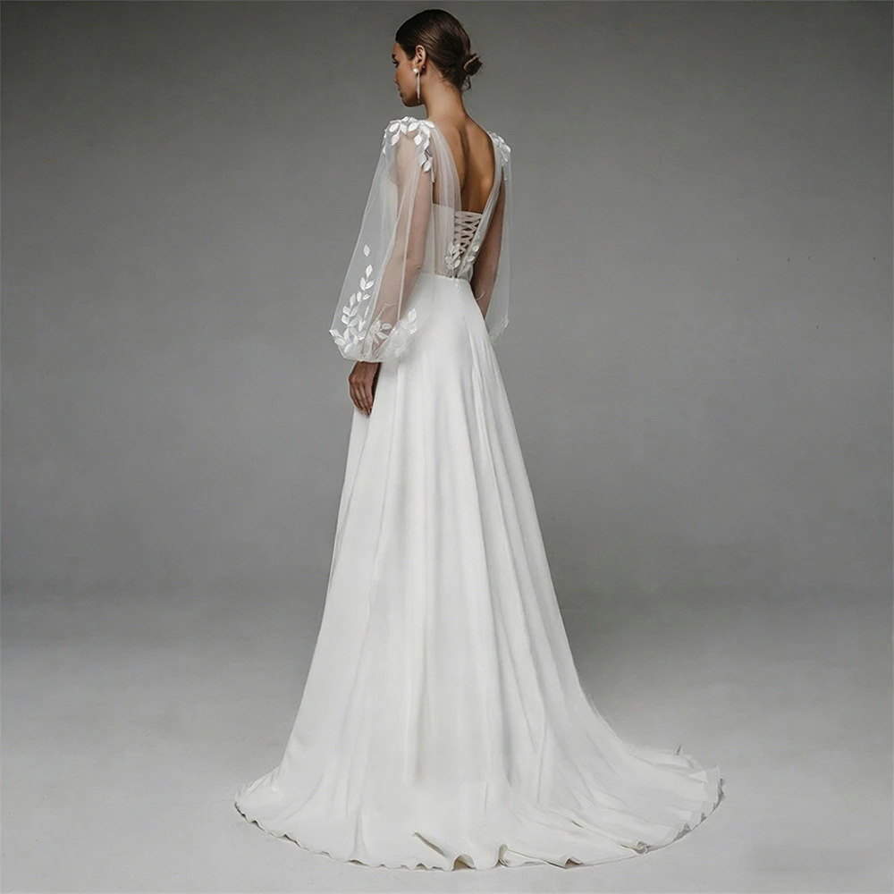 V-neck Sheer Bubble Long-sleeve Three-dimensional Floral Satin Wedding Dress photo 3