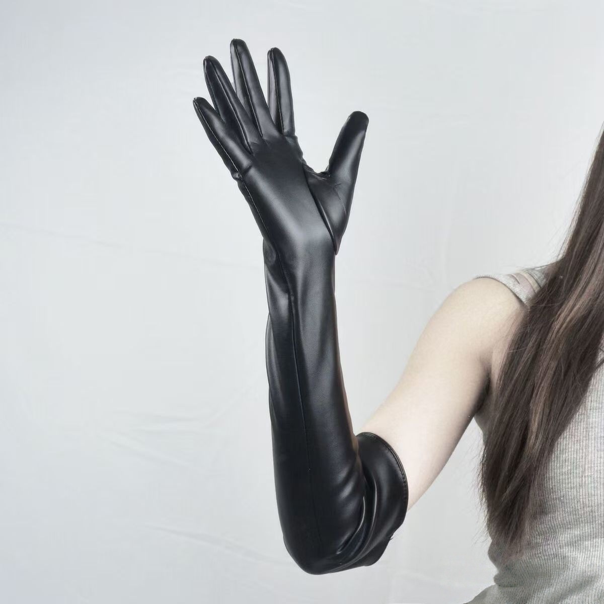 Leather Long Arm Leather Sleeve Covers Black Gloves photo 2