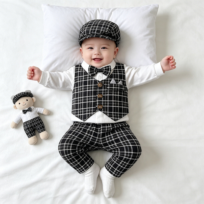 Childrens Fashion Plaid Vest And Trousers Three-Piece Set photo 1