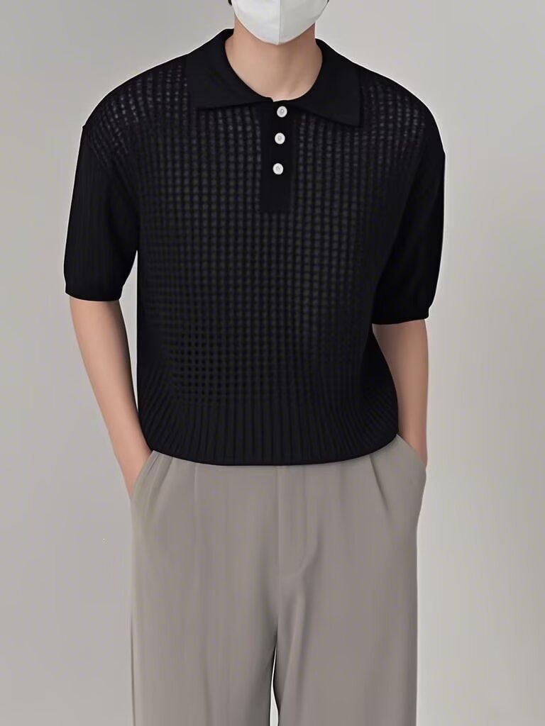 Mens Retro Solid-Color Half-Sleeve Lapel T-Shirt photo 6