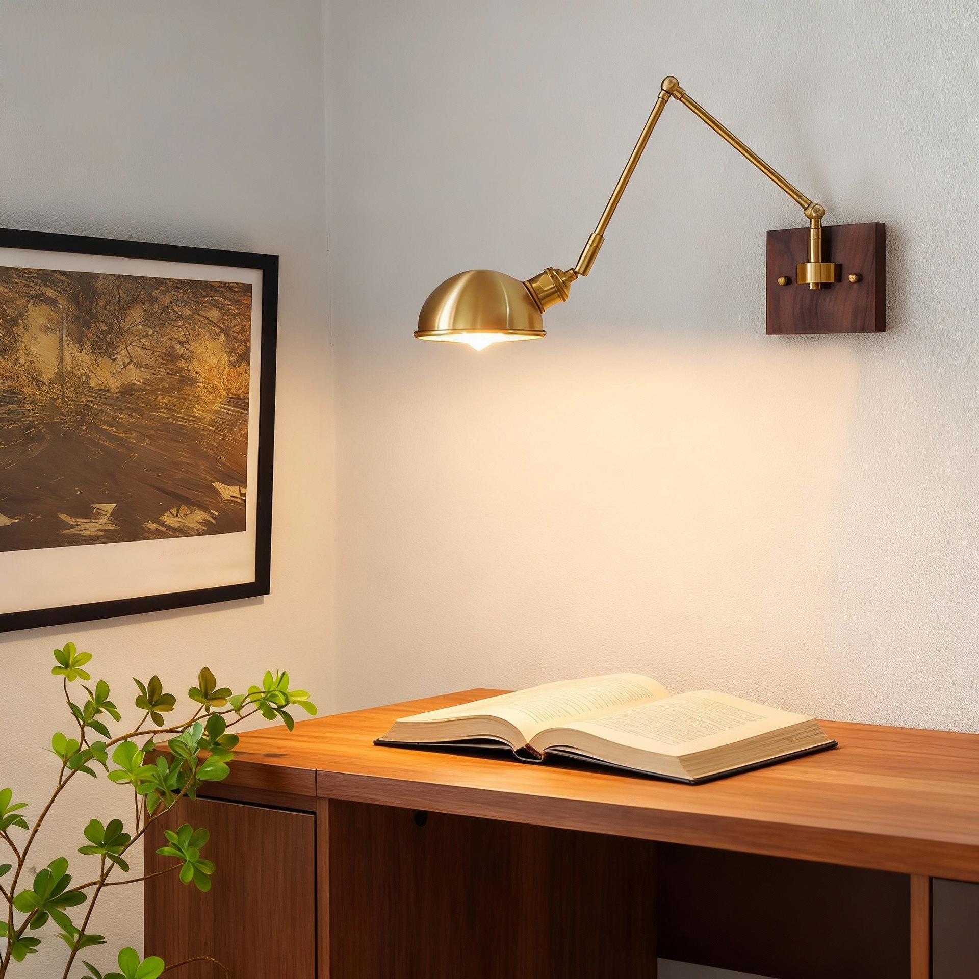 Vintage Brass And Walnut Long-arm Adjustable Lamp With Switch photo 6