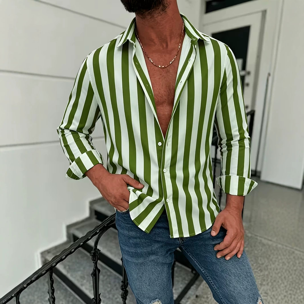 American-style Casual Men's Striped Long-sleeve Shirt photo 1