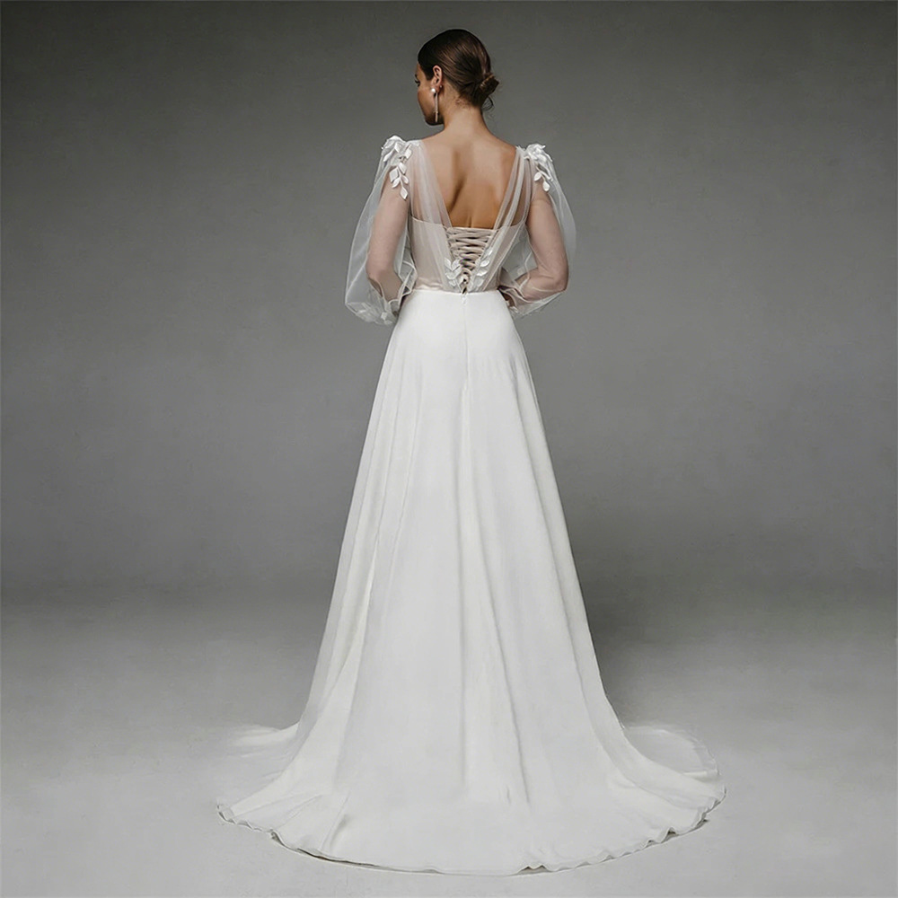 V-neck Sheer Bubble Long-sleeve Three-dimensional Floral Satin Wedding Dress photo 2