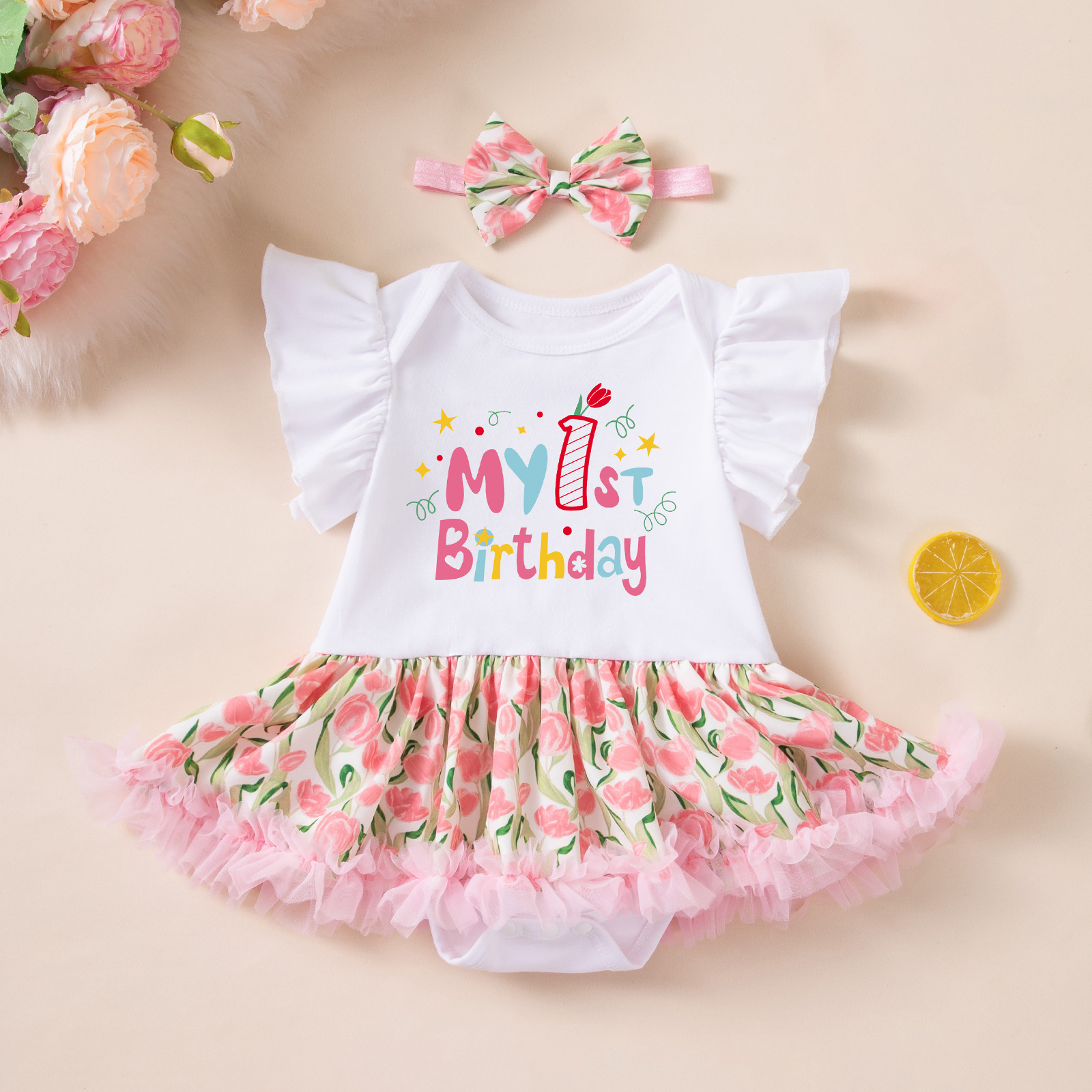 Birthday Outfit Flutter-Sleeve Romper Crawling Suit PP Pants And Bow Headband Set photo 4