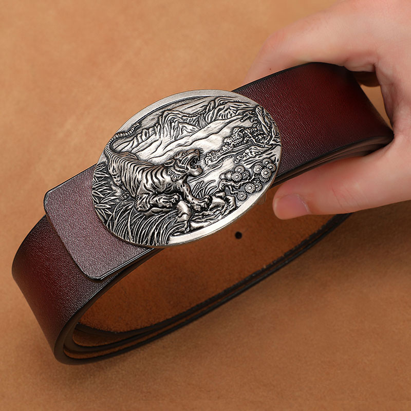 Vintage Men's Genuine Leather Extra-Large Smooth-Button Denim Jeans Belt photo 5