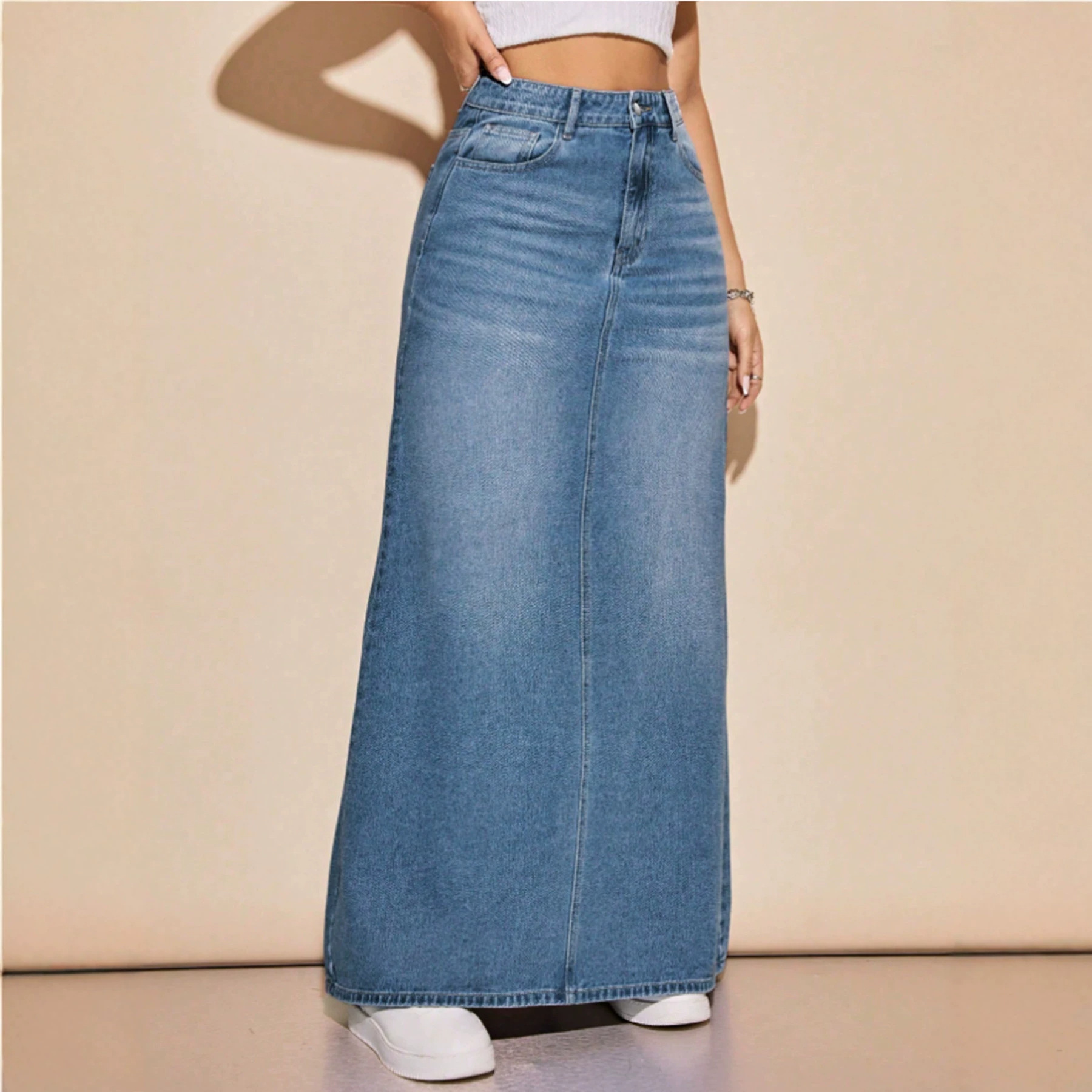 Women's Washed, Bleached Light Blue Versatile Loose Casual Denim Long Skirt photo 3