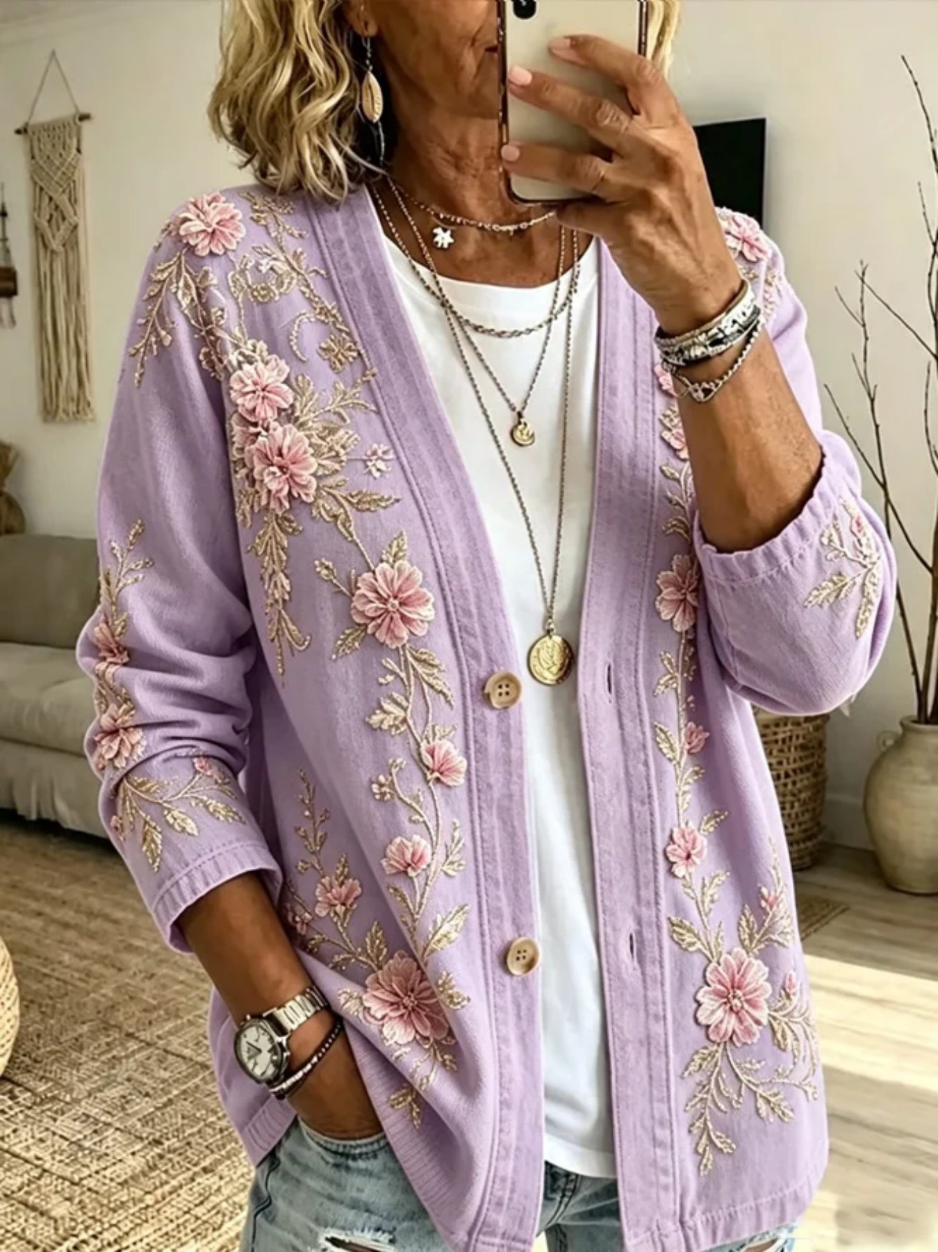 Printed Long-sleeve Cardigan With Two Buttons photo 3