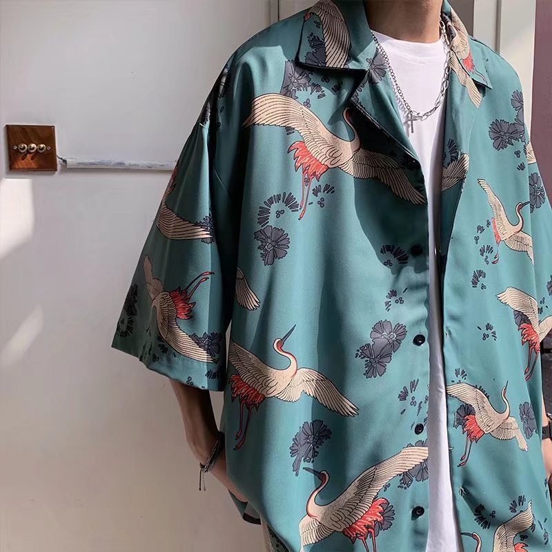 Men's Short-sleeve Shirt Summer Chinese-style Trendy Crane-printed Oversized Beach Shirt For Couples photo 1
