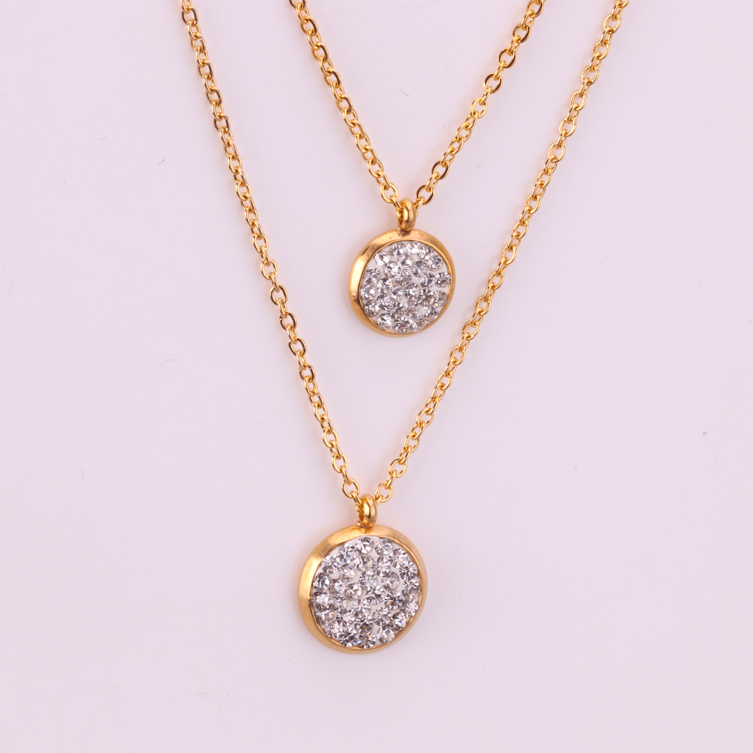 White Mud Pendant Double Chain Gold Stainless Steel Jewelry Set For Women photo 5