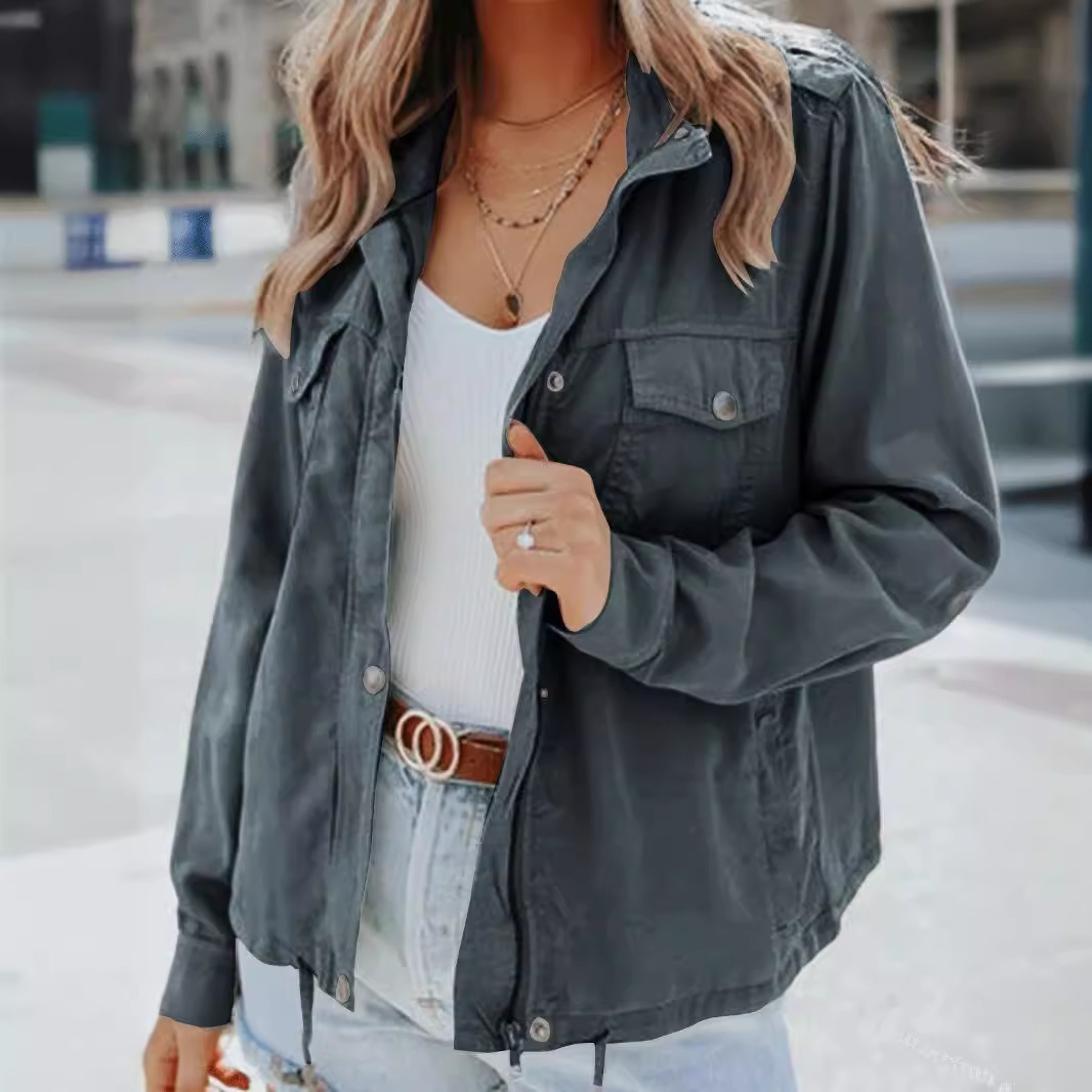 Dark-button Long-sleeved Pocket Drawstring Jacket photo 1