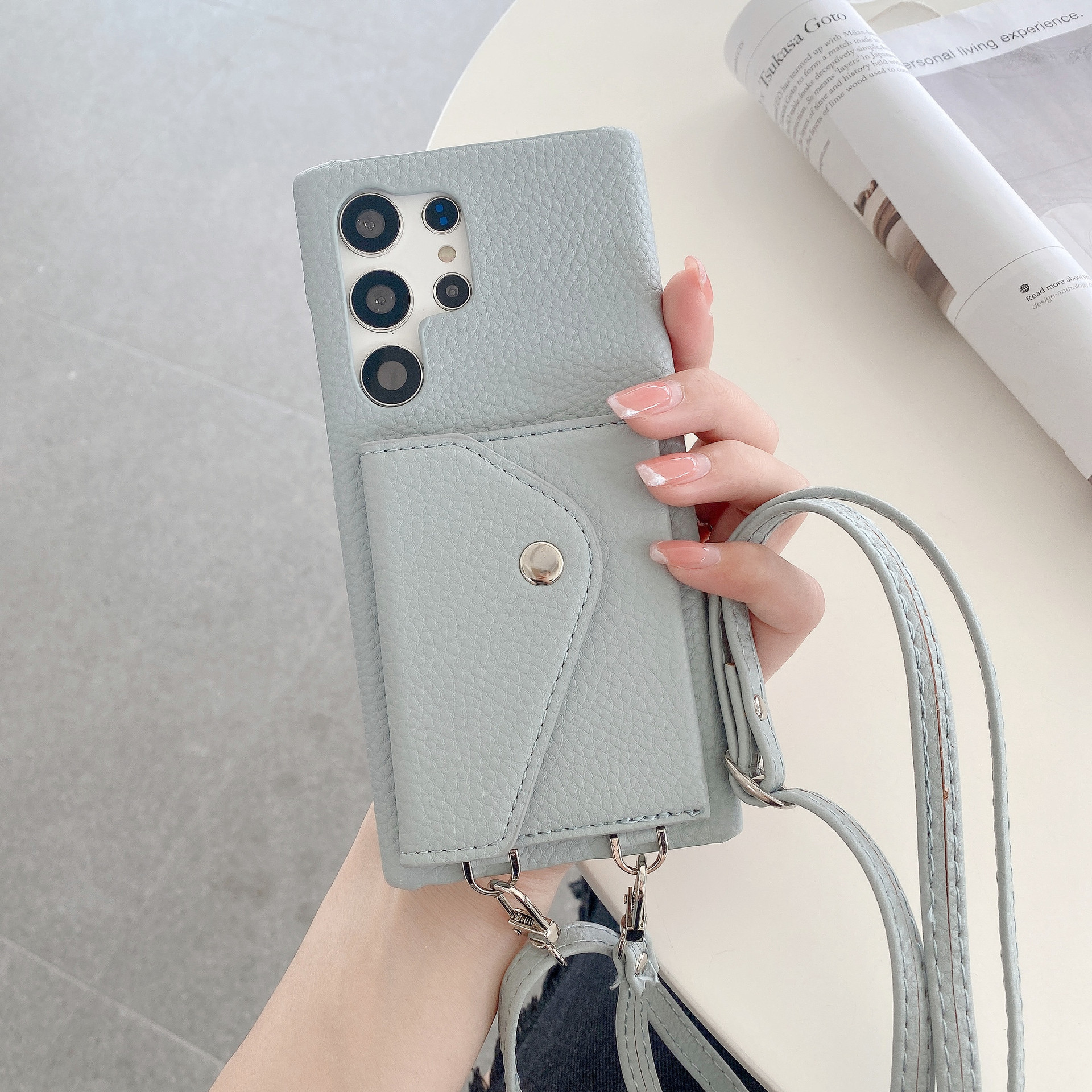 Litchi-textured Triangular Flip Card Holder With Lanyard For S24 Ultra photo 8