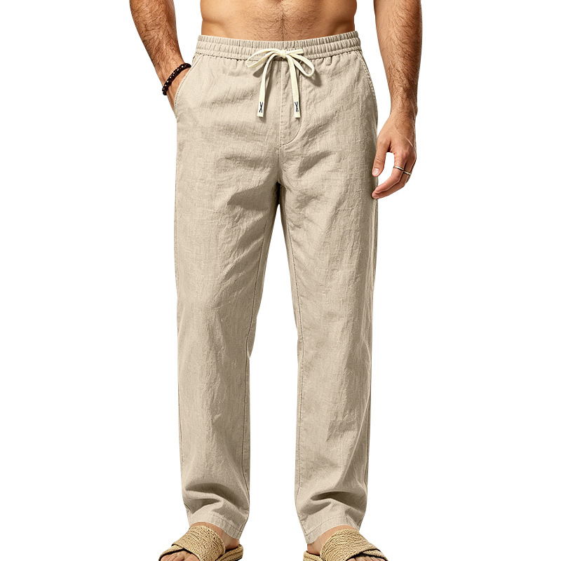 Mens Straight Leg Solid Color Casual Linen Pants With Drawstring And Elastic Waist photo 6