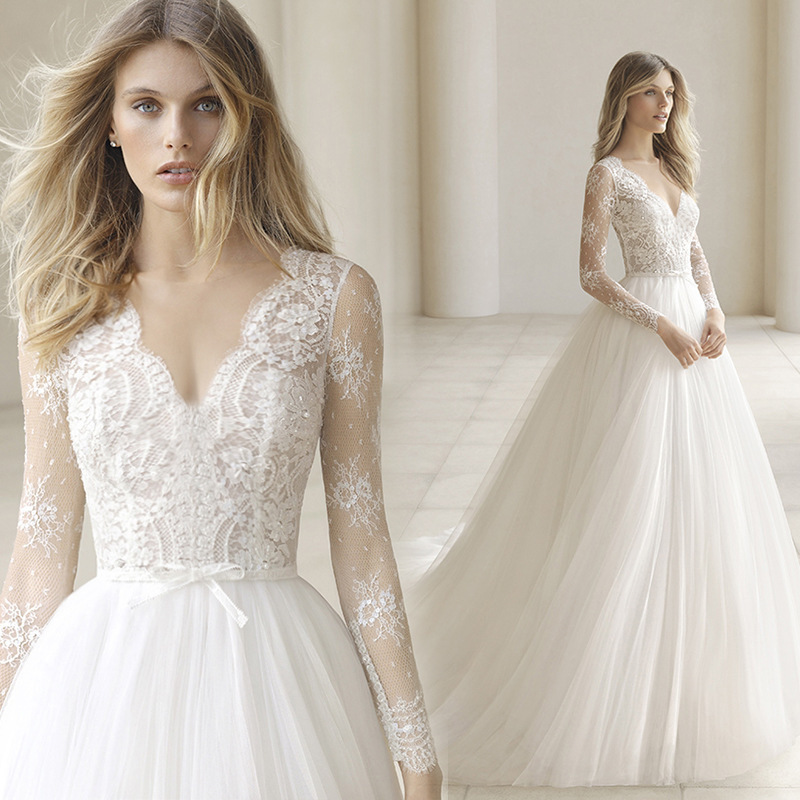 Elegant Lace Long Sleeve V-Neck Wedding Dress Bridal Gown With Delicate Detailing For Ceremony photo 2