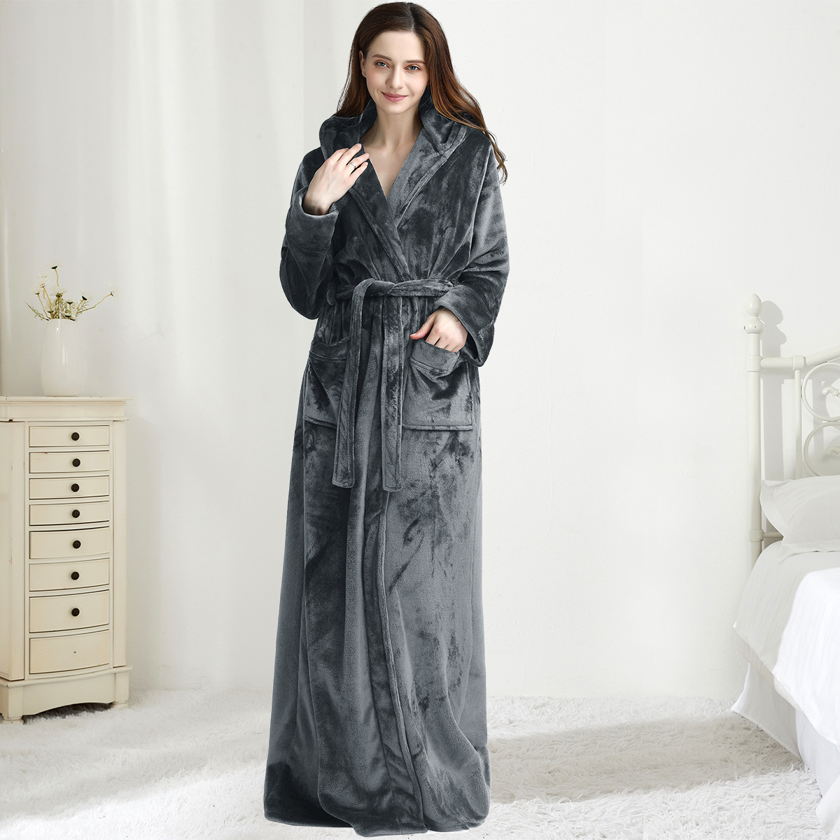 Couples AutumnWinter Hooded Warm Flannel Robe photo 2