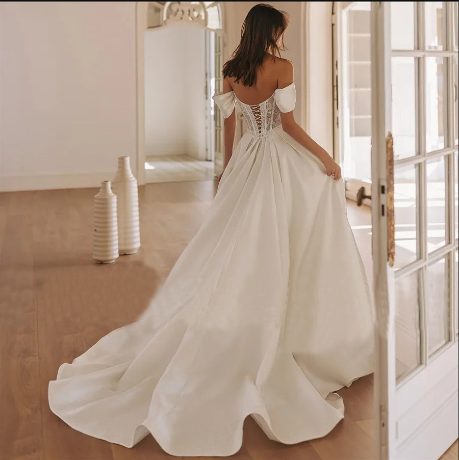 European And American Off-the-shoulder Satin Wedding Dress With Lace For Weddings photo 5